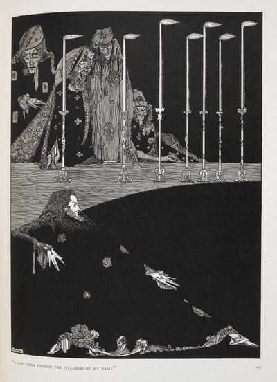 "Jag såg dem skapa stavelserna i mitt namn". Illustration till berättelsen, "gropen och pendeln". av Harry Clarke