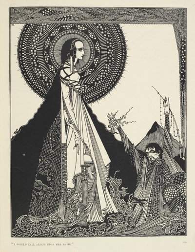 "Jag skulle ropa högt på hennes namn." Illustration av Ligeia, en novell. "Ligeia" är en novell av Edgar Allan Poe. Berättelsen följer en icke namngiven berättare och hans fru Ligeia, en vacker och intelligent korphårig kvinna. Hon blir sjuk, komponerar "T av Harry Clarke