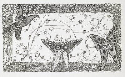 Illustration till berättelsen, "Mästerkatten eller puss i stövlar". En fjärilsdesign. av Harry Clarke