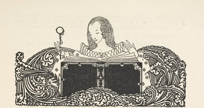 Illustration som visar en kvinna som läser en bok, högst upp på innehållssidan. av Harry Clarke