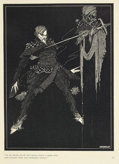 "I min död, se av denna bild, som är din egen, hur fullständigt du har mördat dig själv". Berättarens dubbelgångare, i "William Wilson," The Gift (1839). av Harry Clarke