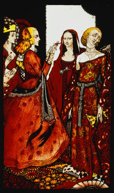 Drottningar vars finger en gång rörde män." "Drottningar", nio glaspaneler syrade, färgade och målade, Illustrerande J.M. Synges dikt, 1917 av Harry Clarke