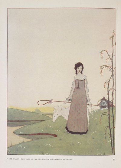 "Hon går - min fröjds dam - en herdinna av får." Illustration för herdinnan av Alice Meynell. av Harry Clarke
