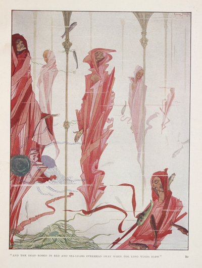 Den döende patrioten. "Och de döda klädda i rött och sjöliljor över huvudet   svaja när de långa vindarna blåser" av Harry Clarke