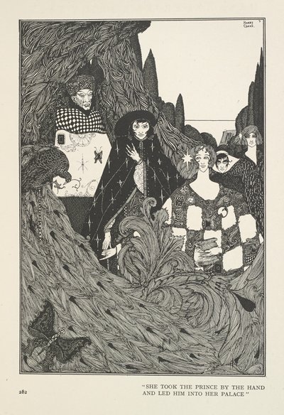 Paradisets trädgård. Hon tog prinsen i handen och ledde honom in i sitt palats. av Harry Clarke