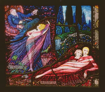 Genèvefönstret som föreställer Mr Gilhooley av Liam OFlaherty och Deirdre av George Russell, 1929 av Harry Clarke
