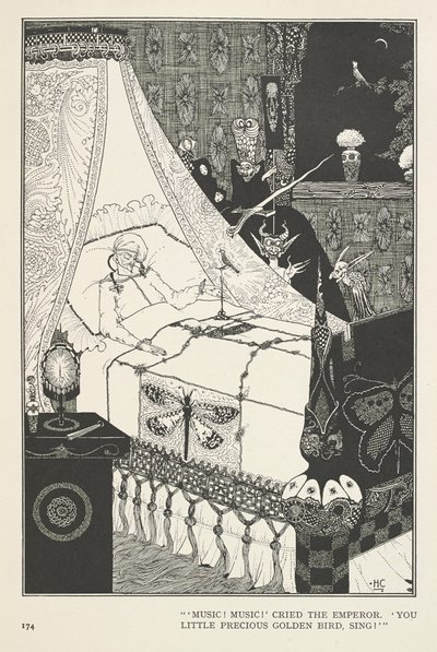 Näktergalen. "Musik! Musik!" ropade kejsaren. "Du lilla dyrbara guldfågel, sjung!" av Harry Clarke