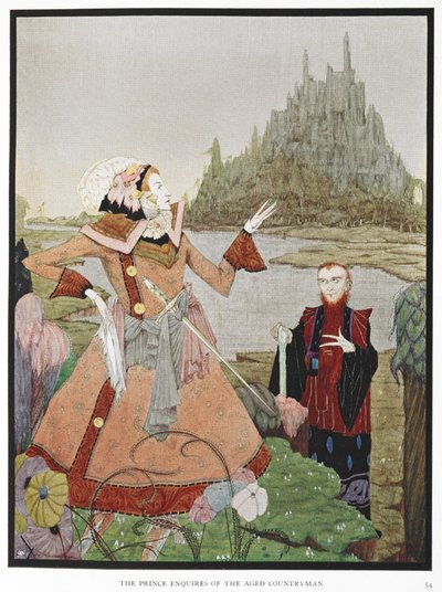 "Prinsen frågar den åldrade landsmannen." En illustration till berättelsen, "den sovande skönheten". av Harry Clarke
