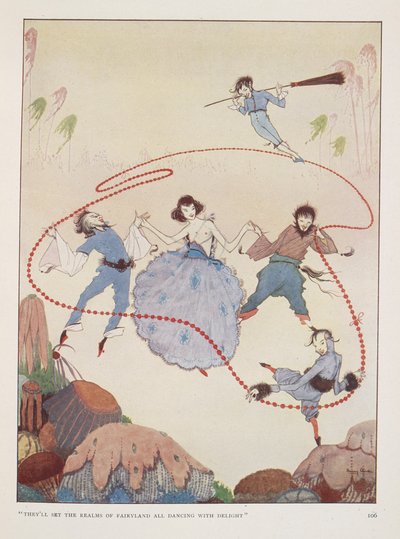 "De kommer att få sagolandets riken att dansa med förtjusning". Illustration till Alms in höst av Rose Fyleman. Figurer som dansar i luften. av Harry Clarke