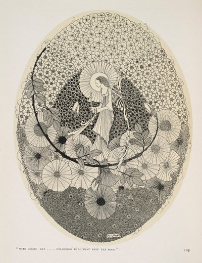 Till den kommande våren. "Med magisk nyckel... låser upp knoppar som håller rosorna". av Harry Clarke