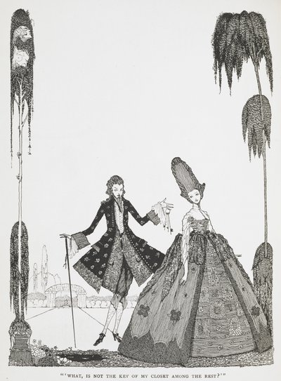 "Vad, är inte nyckeln till min garderob bland resten?" Illustration till berättelsen, "Blue Beard". av Harry Clarke