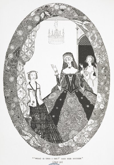 "Vad är det här jag ser?" sa hennes mamma." Illustration till berättelsen "fen". av Harry Clarke