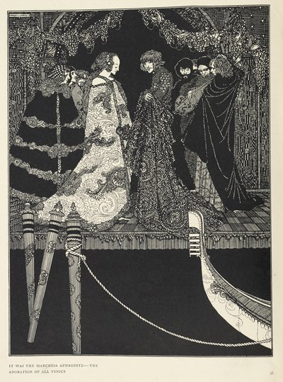 "det var Marchesa Aphrodite - tillbedjan av hela Venedig". Illustration till berättelsen "uppdraget". av Harry Clarke