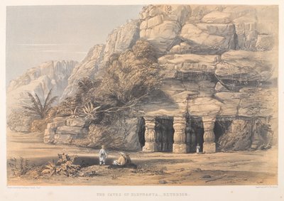 The Caves of Elephanta, Exterior (färgad litografi) av Harry Francis Darell
