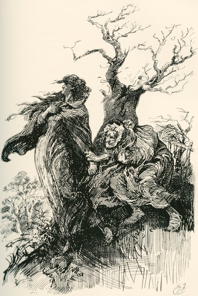 Alice Brown och hennes mamma. "Efter någon kvarts gång vågade den gamla kvinnan, utmattad och andfådd, hålla i kjolarna, men hon vågade inte mer, och de reste tysta vidare genom väta och dyster." Illustration av Harry Furni av Harry Furniss