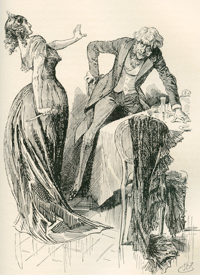 Edith och Mr. Carker. "Han kom glatt mot henne, när hon på ett ögonblick tog upp kniven från bordet och började ett steg bakåt. "Stå stilla," sa hon, "eller jag mördar dig!" Illustration av Harry Furniss för Charles Dickens roman av Harry Furniss