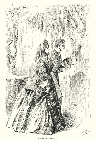 Illustration för stora förväntningar av Charles Dickens (litho) av Harry Furniss