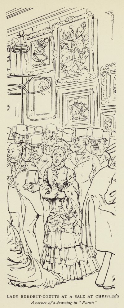 Lady Burdett-Coutts på en rea på Christies av Harry Furniss