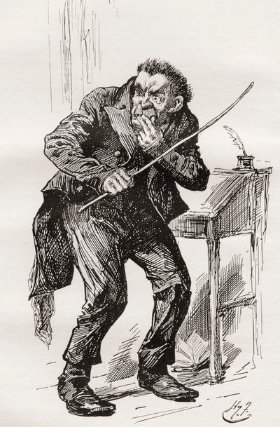 Mr Squeers. Illustration av Harry Furniss till Charles Dickens-romanen Nicholas Nickleby, från The Testimonial Edition, publicerad 1910. av Harry Furniss