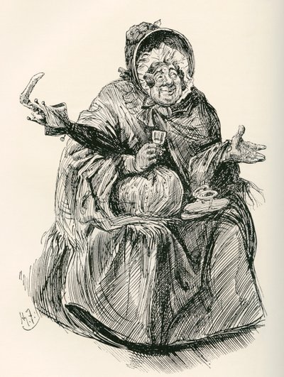 Fru Gamp. Illustration av Harry Furniss till Charles Dickens-romanen Martin Chuzzlewit, från The Testimonial Edition, publicerad 1910. av Harry Furniss