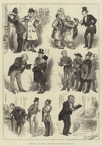 Skisser i underhusets lobby av Harry Furniss