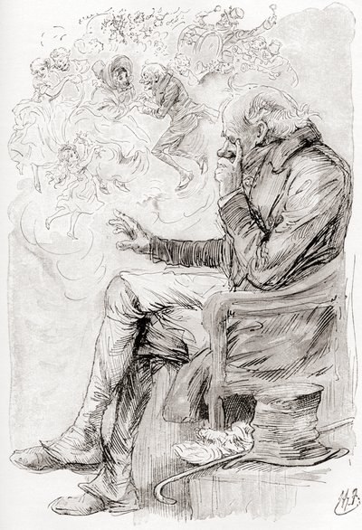 Trottys dröm. "Hade Trotty drömt? Eller är hans glädje och sorg, och skådespelarna i dem, men en dröm; själv en dröm; berättaren om denna berättelse en drömmare, vaknar men nu?" Illustration av Harry Furniss för novellen The Chimes from the Christmas Book av Harry Furniss