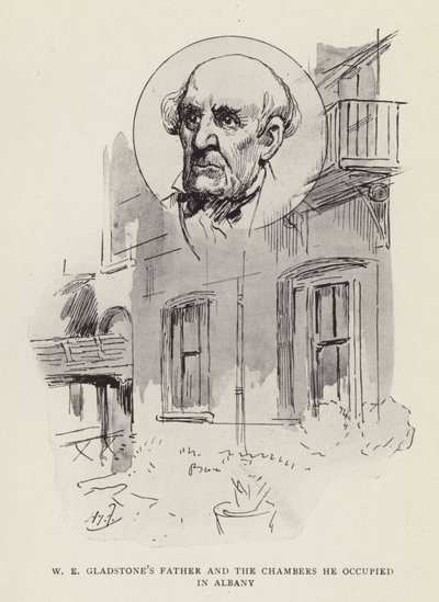W E Gladstones far och kamrarna han ockuperade i Albany av Harry Furniss