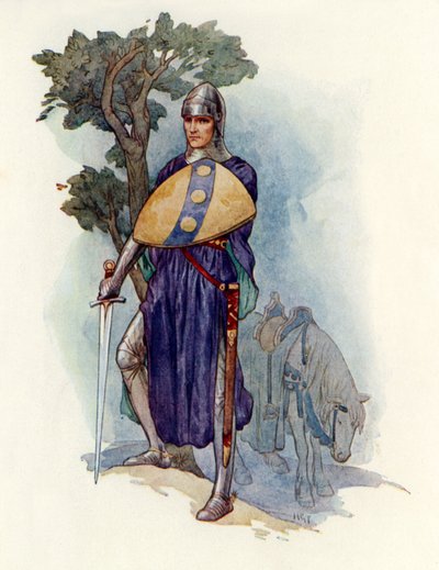 En riddare som spärrar vägen (färglitografi) av Harry George Theaker