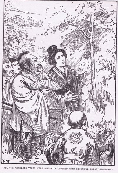Alla vissna träd täcktes omedelbart av vackra körsbärsblommor (Den gamle mannen som fick vissna träd att blomma) (litografi) av Harry George Theaker