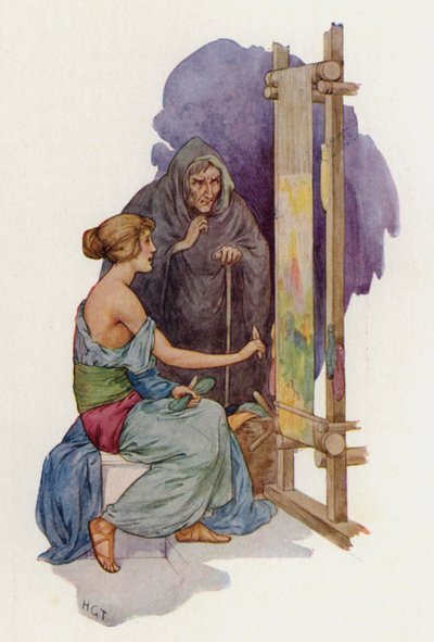 Arachne på väg att förvandlas till en spindel av en förklädd Minerva (färglitografi) av Harry George Theaker