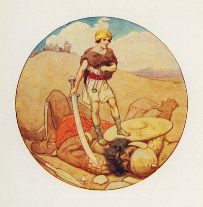 David tog jättens eget svärd och högg av Goliat huvudet (färglitografi) av Harry George Theaker