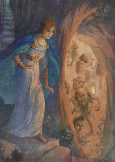 Freyja i dvärgarnas grotta, ur "Freyjas halsband" (färglitografi) av Harry George Theaker