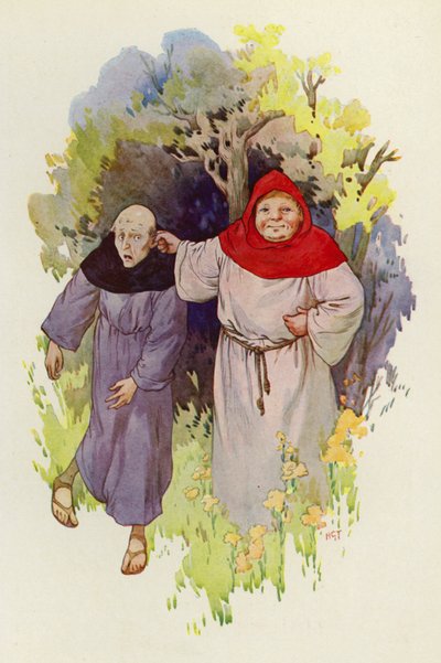 Broder Tuck leder en mager, olycklig munk i örat (färglitografi) av Harry George Theaker