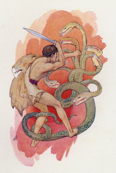 Herkules och den sjuhövdade ormen (färglitografi) av Harry George Theaker