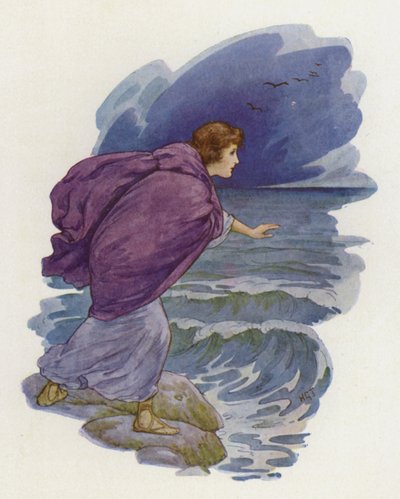 Hjälte sprang ner till stranden (färglitografi) av Harry George Theaker