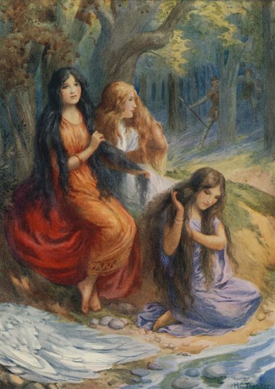 Hladgrun, Olrun och Alvit, ur "Wayland the Smith" (färglitografi) av Harry George Theaker