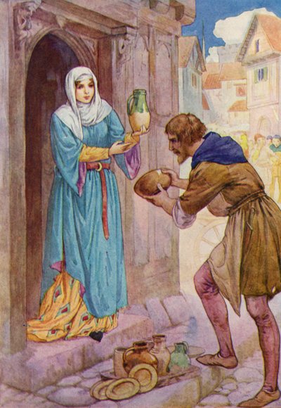 "Jag tar med dessa stackars kärl som en present till Mistress de Rainault", sa Robin till tjänarinnan (färglitografi) av Harry George Theaker