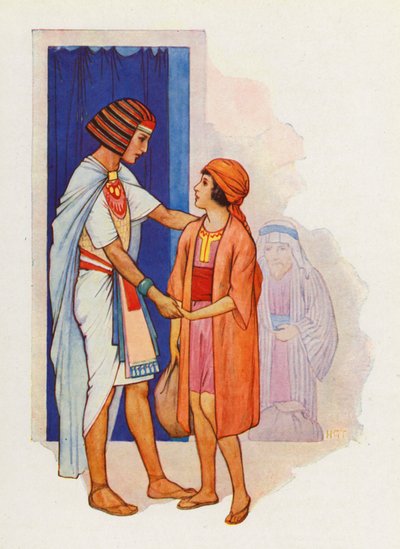 Juda tog med sig Benjamin och presenterade honom för Josef (färglitografi) av Harry George Theaker