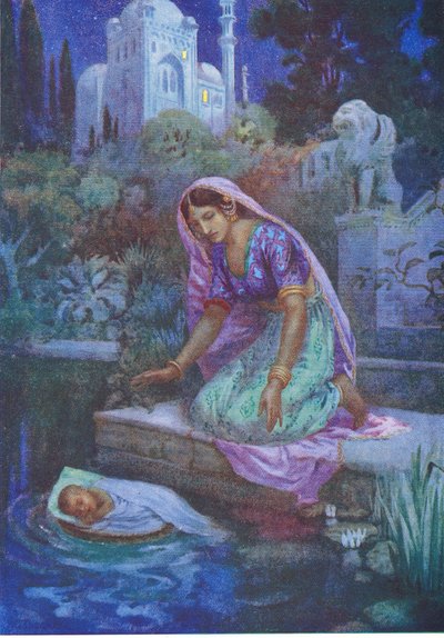 Kunti vågade inte vara olydig. Från de äventyrliga bröderna, illustration från "Childrens Stories from Indian Legends", ca 1930-talet (färglitografi) av Harry George Theaker