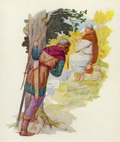 På en liten kulle bredvid vadet tuggade en enorm man i sig en stor hjortpastej (färglitografi) av Harry George Theaker