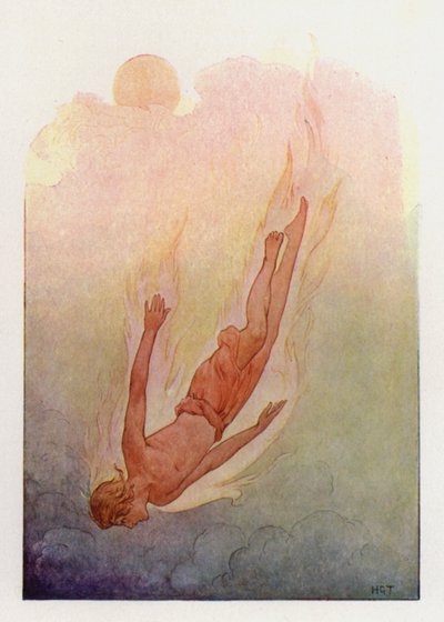 Phaeton med håret i lågor, faller ner i en djup sval flod (färglitografi) av Harry George Theaker