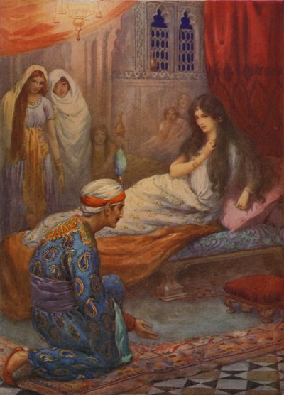 Prins Feroze-Shah väcker den vackra prinsessan (färglitografi) av Harry George Theaker