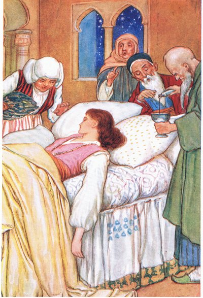 Prinsessan Aldebonda och hennes läkare (ur berättelsen (Kärlekens pilgrimer), illustration från "Tales of Alhambra", ca 1940 (färglitografi) av Harry George Theaker