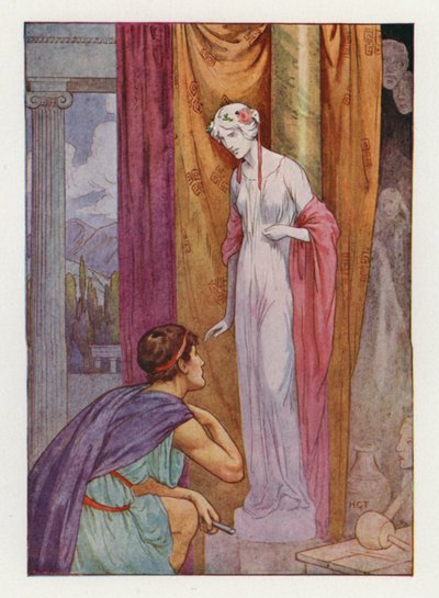 Pygmalion och skulpturen (färglitografi) av Harry George Theaker