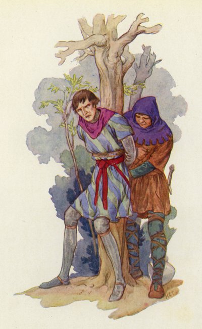 "Ta av honom järngrytan från huvudet", ropade Robin, "och bind fast honom vid ett träd" (färglitografi) av Harry George Theaker