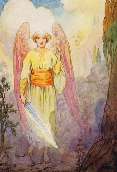 Ängeln med det flammande svärdet (färglitografi) av Harry George Theaker