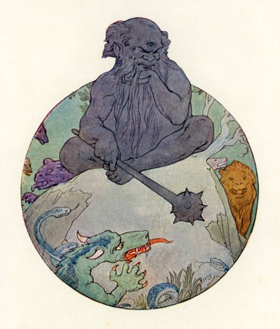 Den stora svarta jätten sneglade på Sir Gawaine (färglitografi) av Harry George Theaker