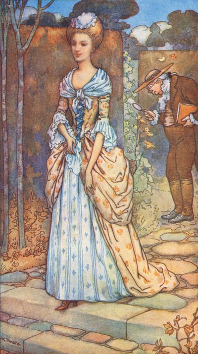 The Kinght And The Lady, en legend om drottning Annes regeringstid (färglitografi) av Harry George Theaker