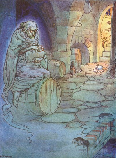 Den gamle mannen klädd i grått, en legend från Dover (färglitografi) av Harry George Theaker