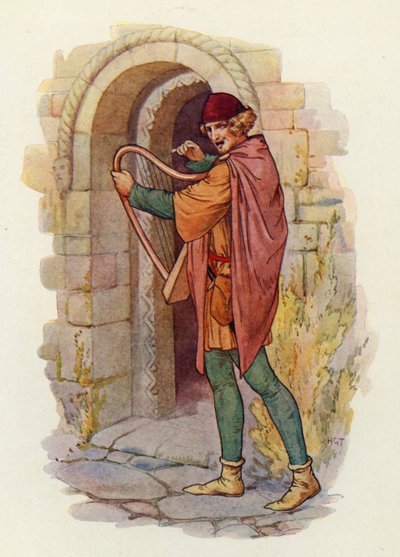 Robin Hoods rykte spred sig genom alla Midlands grevskap, ända ner till London, och balladerna om hans gärningar började sjungas (färglitografi) av Harry George Theaker